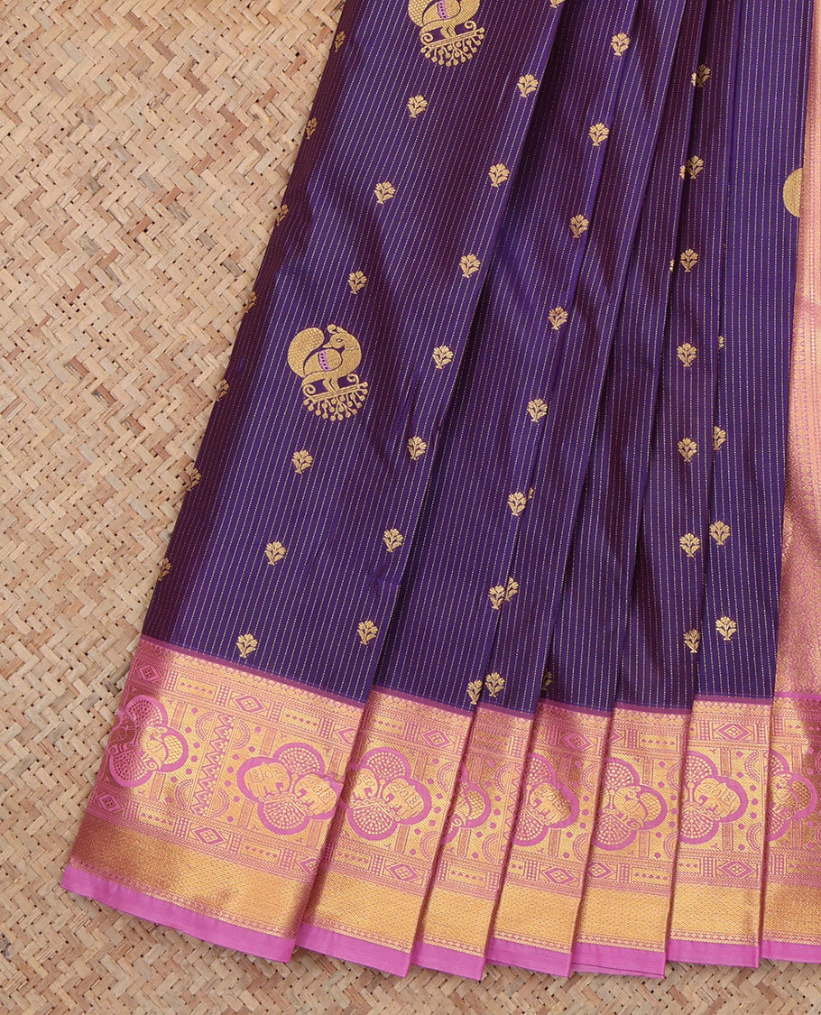 Purple Budget Silk Saree, Decorated with Stripes and Peacock Buttas, a Contrast Traditional Elephant Zari Border, a Grand Pallu and a Contrast Blouse