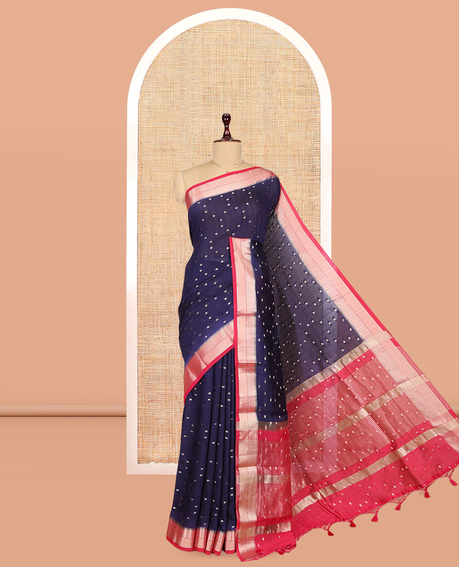 Blue Assam Silk Saree, Ornamented with Zari Buttas, Complemented by Contrast Traditional Zari Border, Zari Woven Pallu, and Contrast Blouse