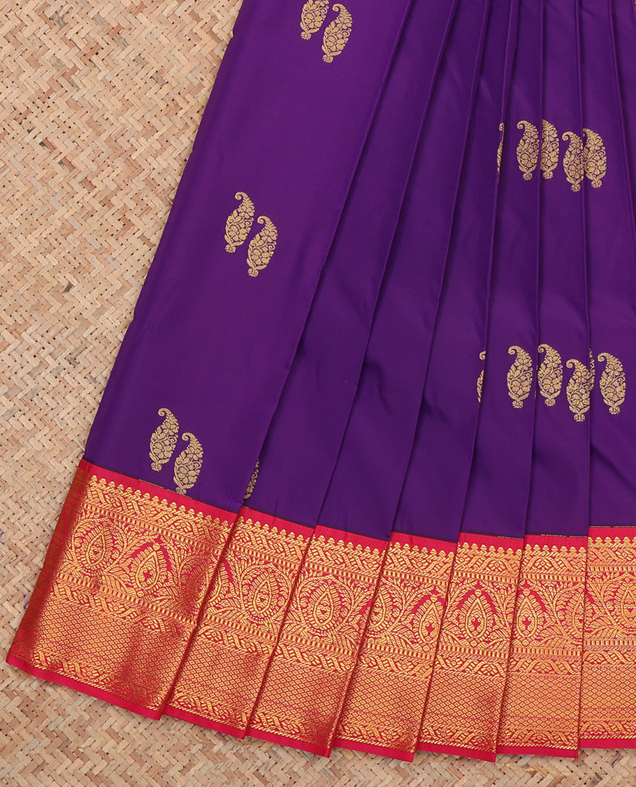 Purple Budget Silk Saree, Embellished with Zari Buttas, Complemented by a Contrast Traditional Zari Border, Grand Pallu, and Contrast Blouse