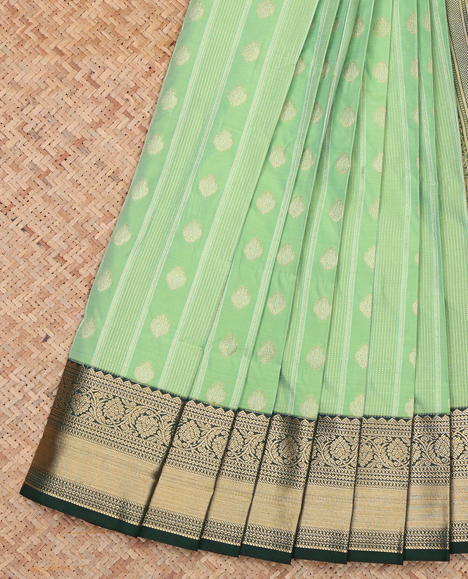 Green Budget Silk Saree, Enthralled with Zari Buttas and Stripes, a Contrast Traditional Zari Border, Grand Pallu, and a Contrast Blouse