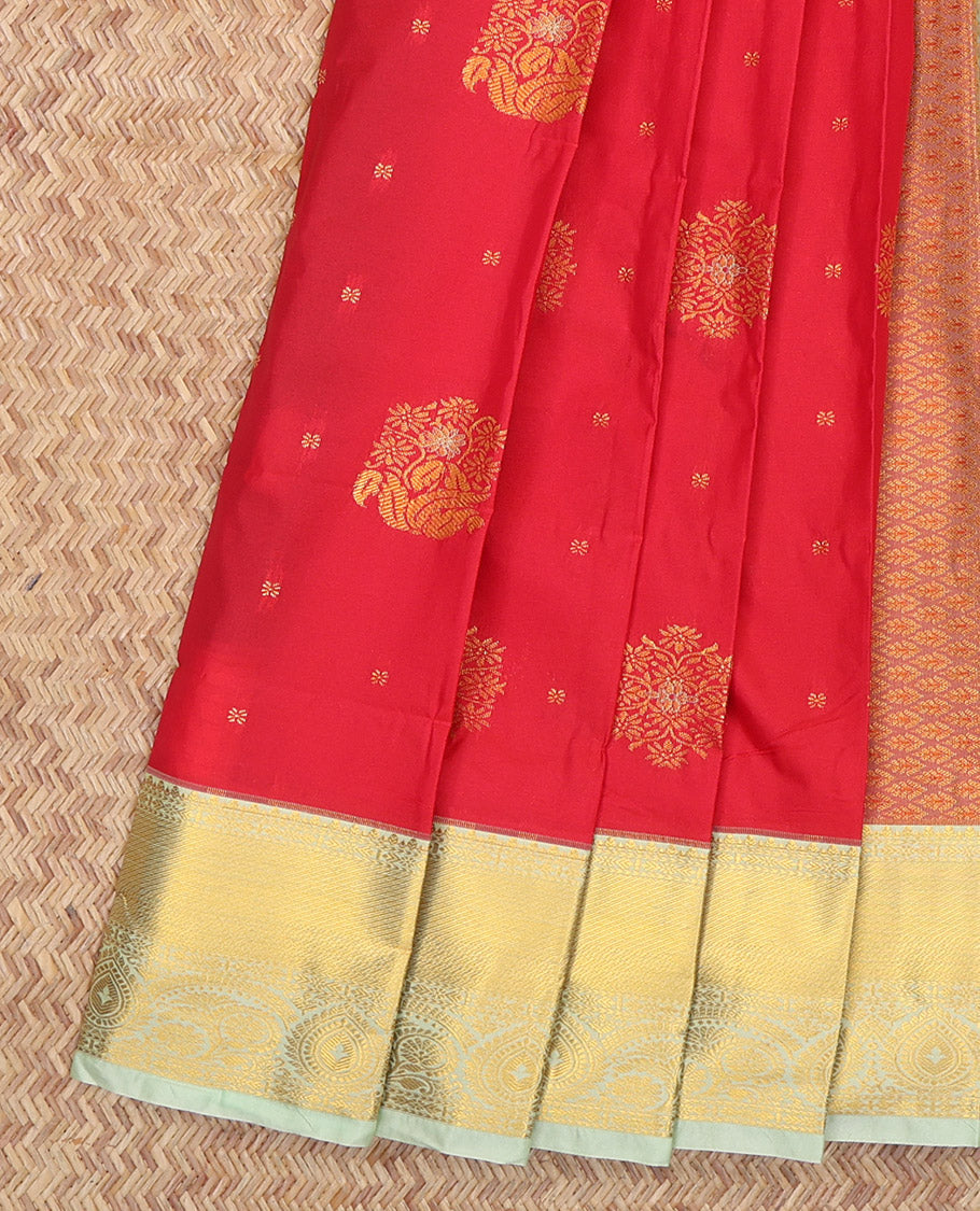 Red Budget Silk Saree, Embellished with Zari Buttas, Complemented by a Contrast Traditional Zari Border, Grand Jaal Pallu, and Contrast Blouse