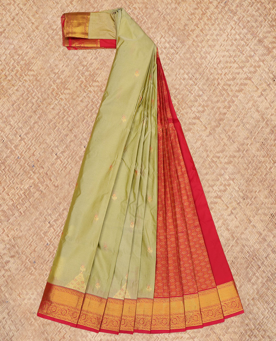 Green Budget Silk Saree, Graced with Zari Buttas, a Contrast Traditional Zari Border, Grand Pallu, and a Contrast Blouse