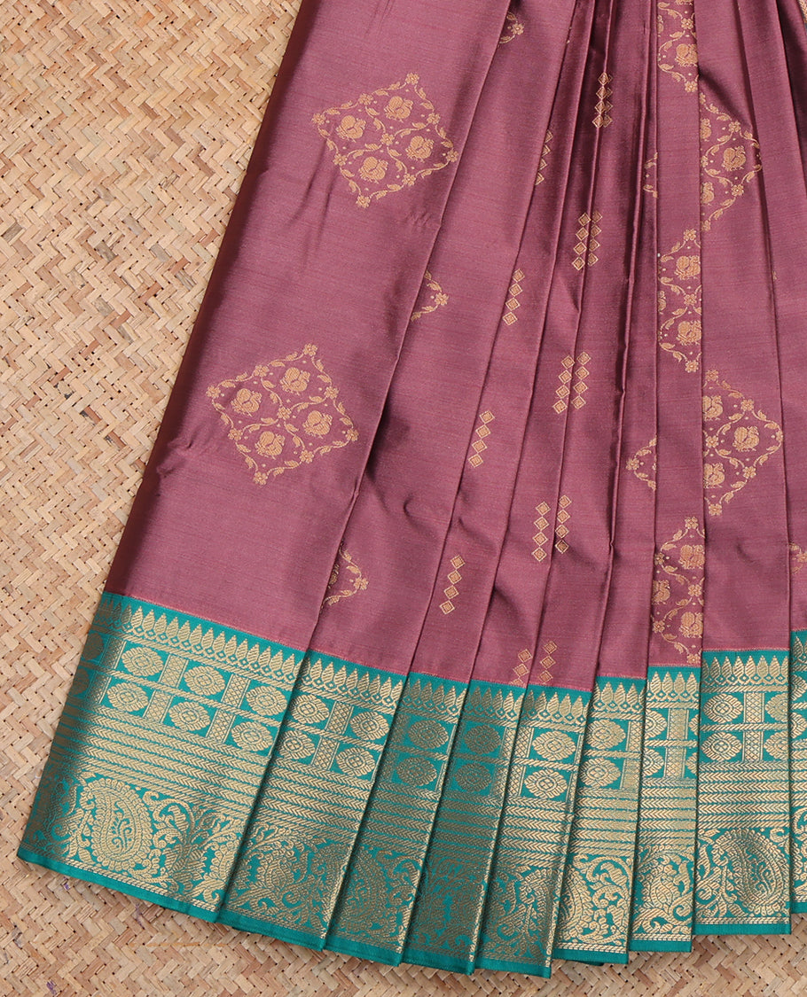 Brown Budget Silk Saree, Graced with Zari Buttas, a Contrast Traditional Zari Border, Grand Jaal Pallu, and a Contrast Blouse