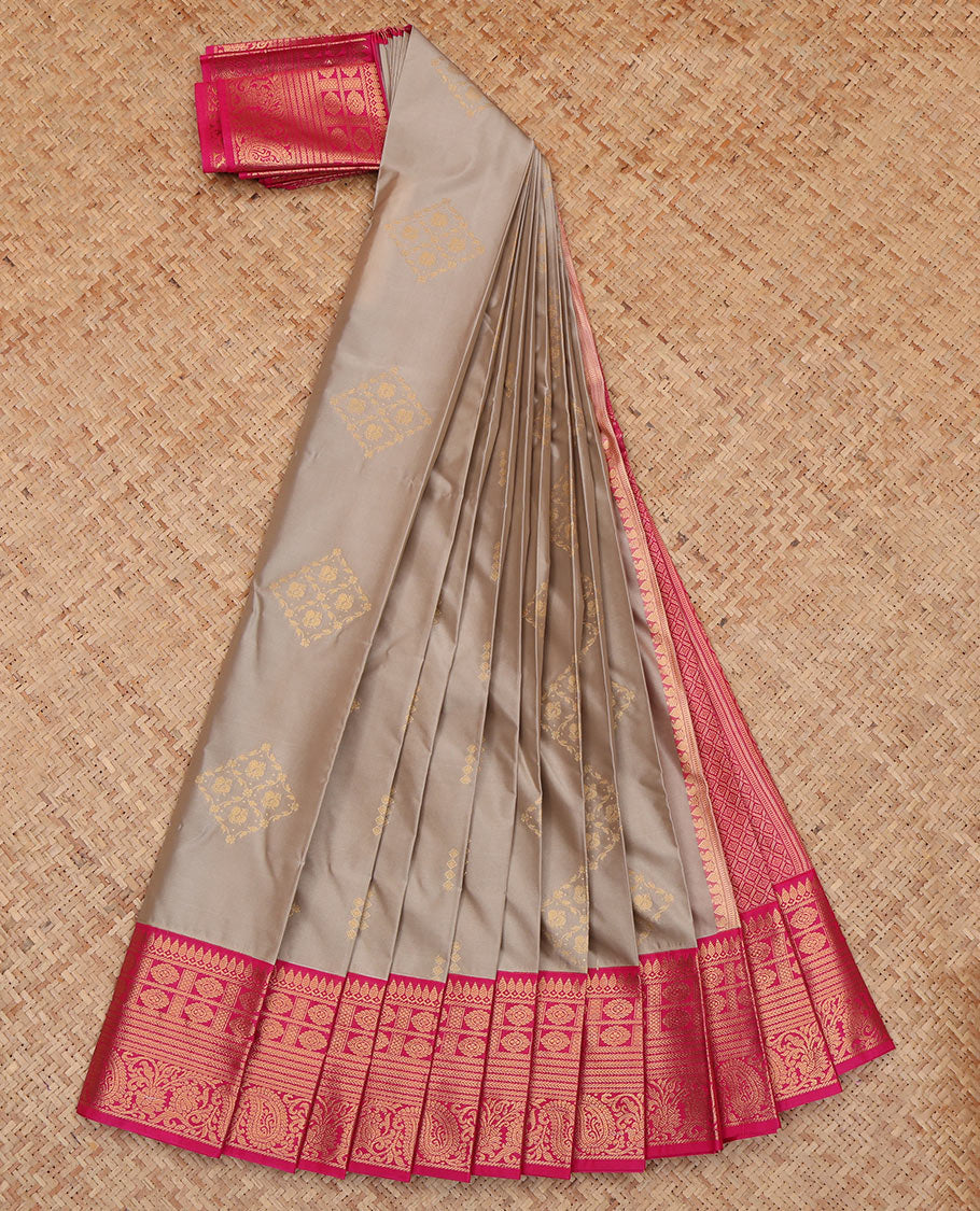 Grey Budget Silk Saree, Graced with Zari Buttas, a Contrast Traditional Zari Border, Jaal Pallu, and a Contrast Blouse