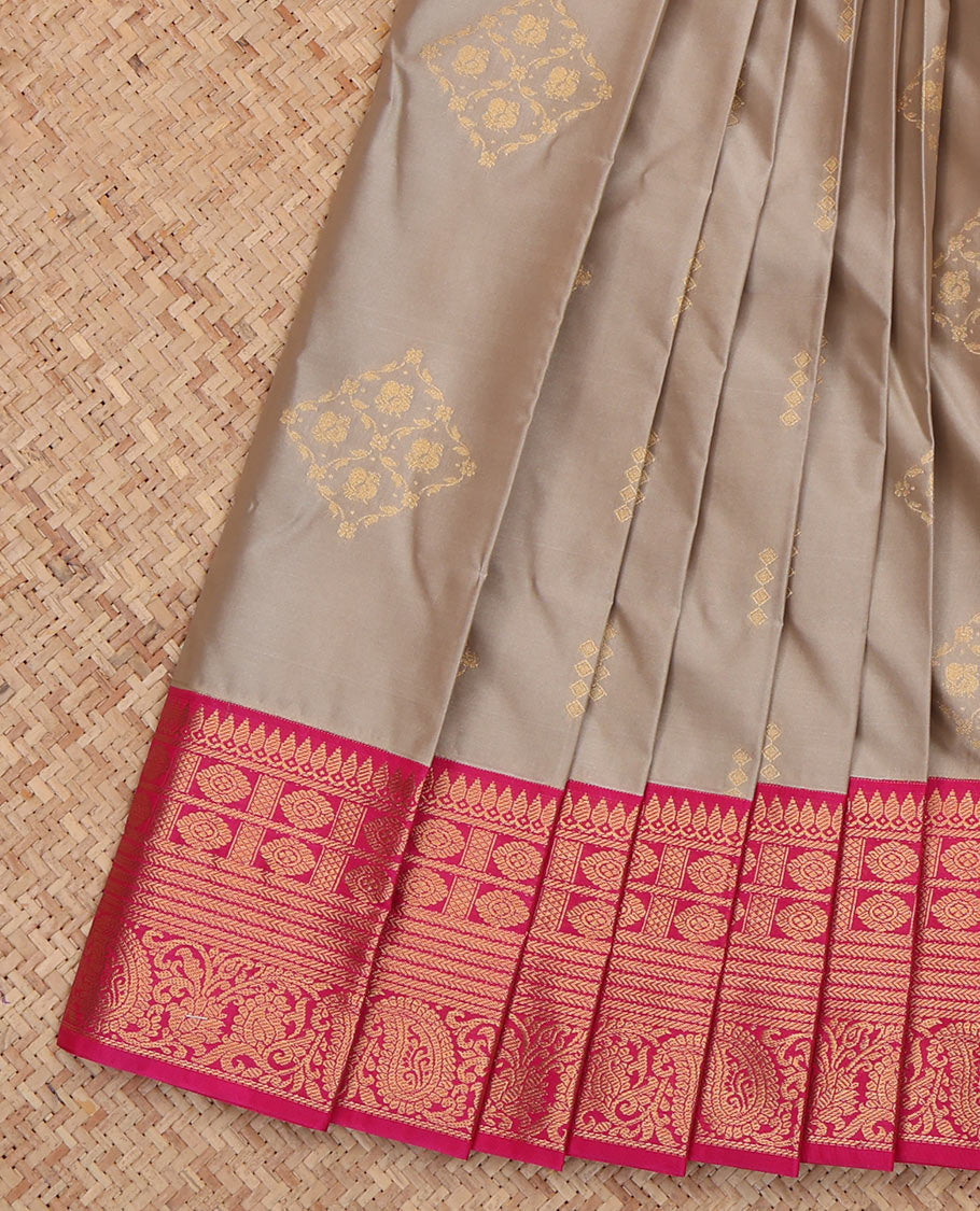 Grey Budget Silk Saree, Graced with Zari Buttas, a Contrast Traditional Zari Border, Jaal Pallu, and a Contrast Blouse