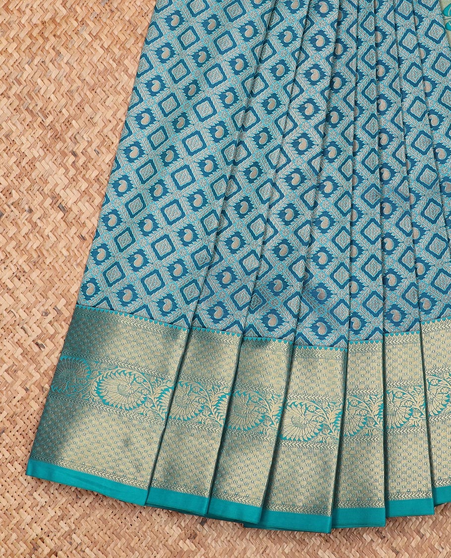 Blue jaal jacquard gift saree, contrast traditional zari border of floral creeper designs, and floral design pallu