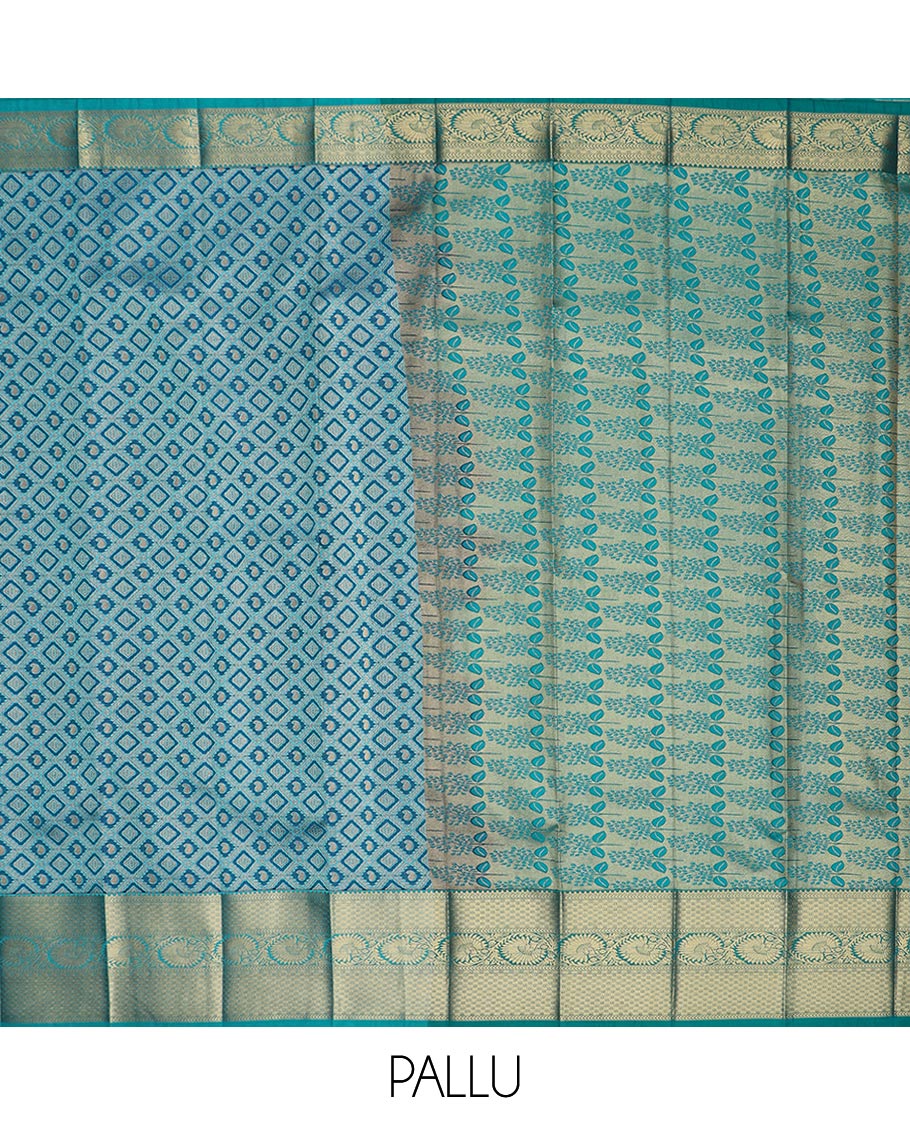 Blue jaal jacquard gift saree, contrast traditional zari border of floral creeper designs, and floral design pallu