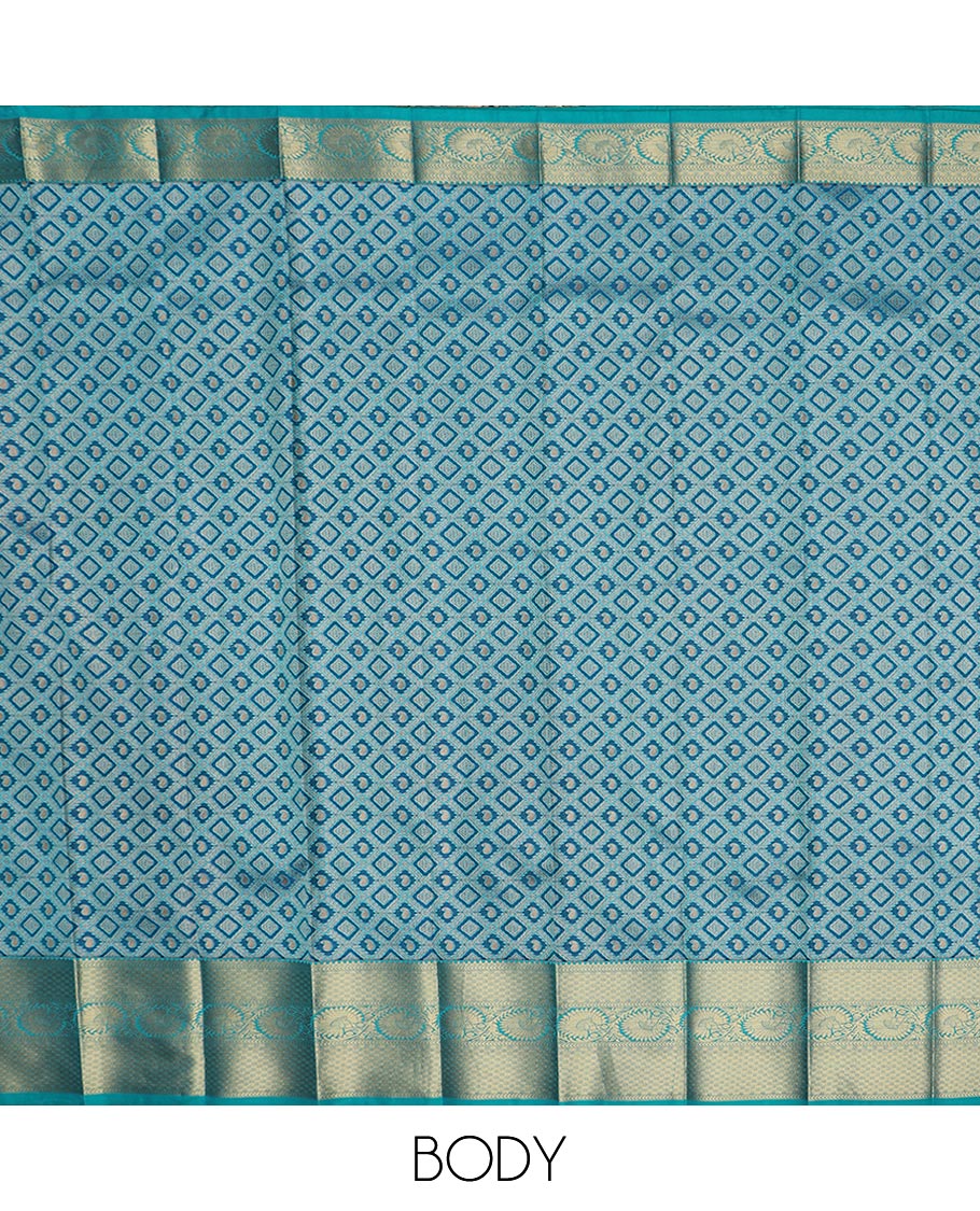 Blue jaal jacquard gift saree, contrast traditional zari border of floral creeper designs, and floral design pallu