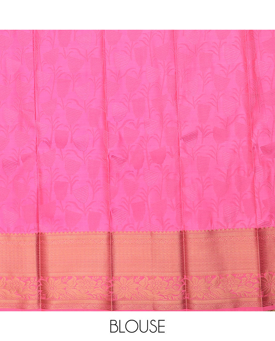 Blue floral jacquard gift saree, contrast traditional zari designs border, and floral jaal pallu