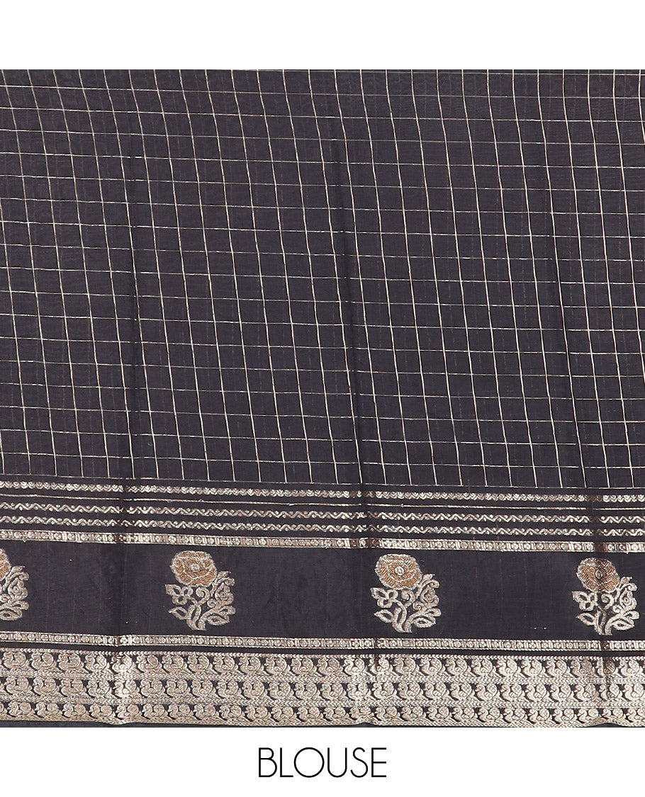 Yellow zari checked Assam silk saree, contrast traditional zari border of peacock and floral designs, and pallu of zari stripes