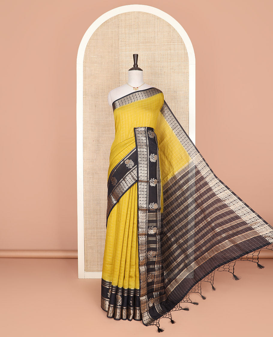 Yellow zari checked Assam silk saree, contrast traditional zari border of peacock and floral designs, and pallu of zari stripes