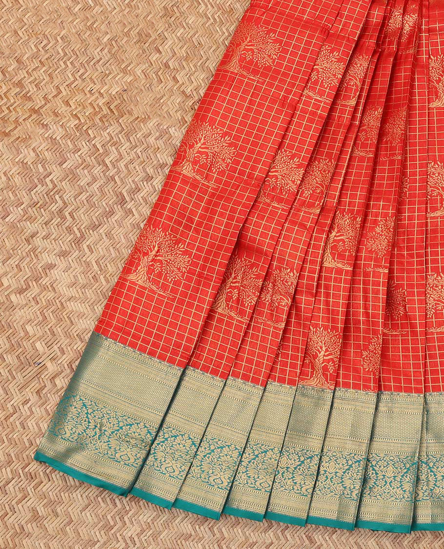 Red Budget Silk Saree, Accentuated with Checks and Buttas, Complemented by Contrast Traditional Zari Border, a Grand Jaal Pallu and a Contrast Blouse