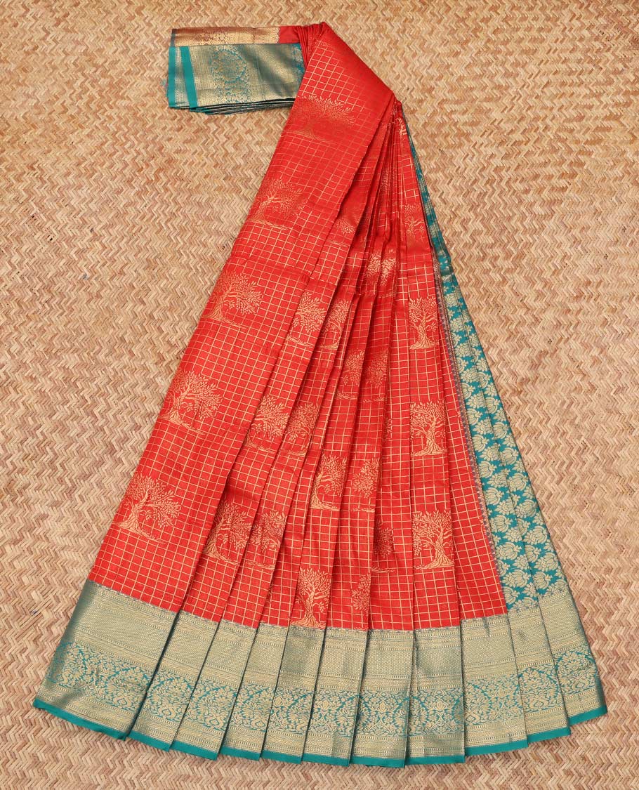 Red Budget Silk Saree, Accentuated with Checks and Buttas, Complemented by Contrast Traditional Zari Border, a Grand Jaal Pallu and a Contrast Blouse