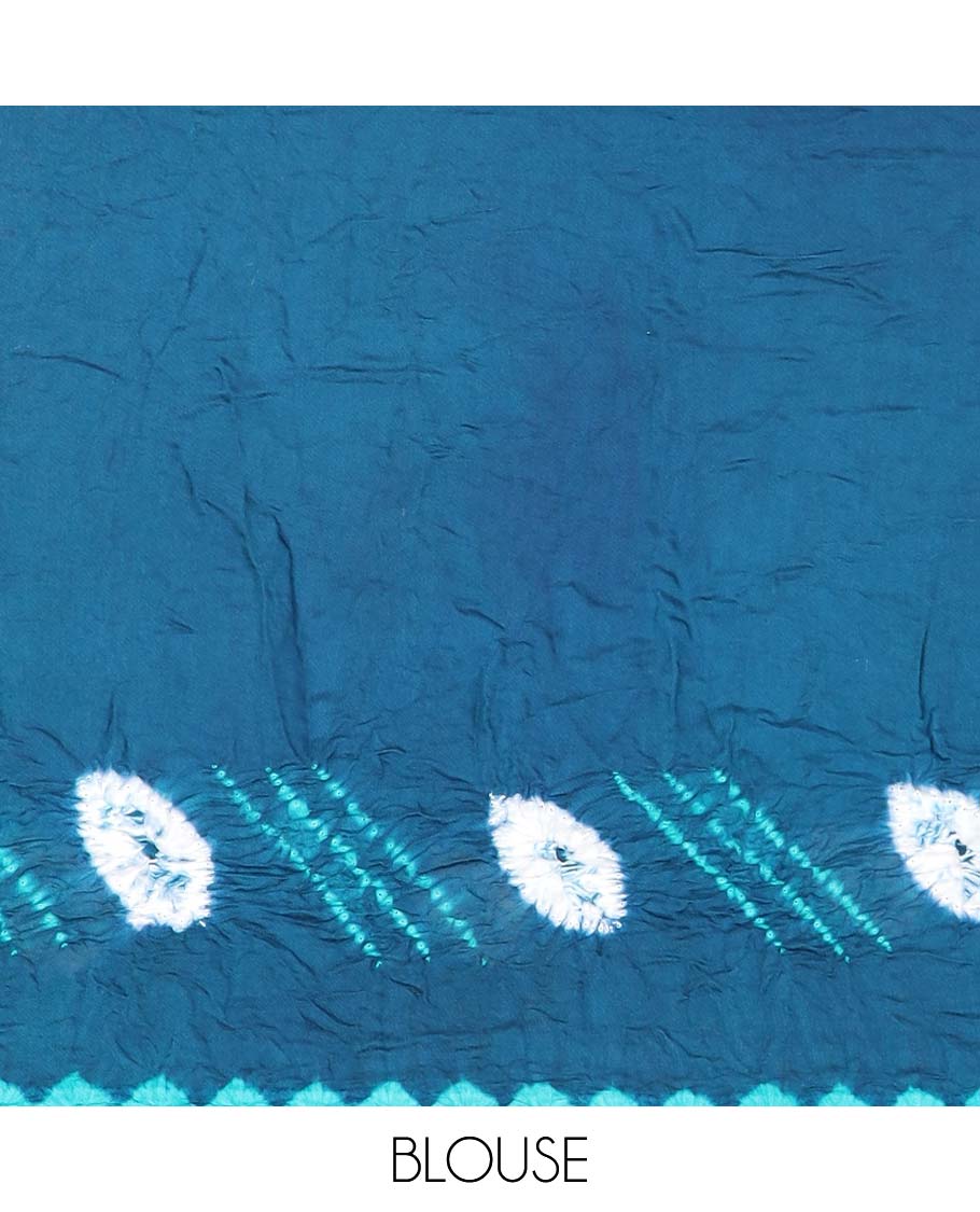 Borderless blue tie-dye floral theme bandhani dotted bandhani silk saree, chevron striped pallu