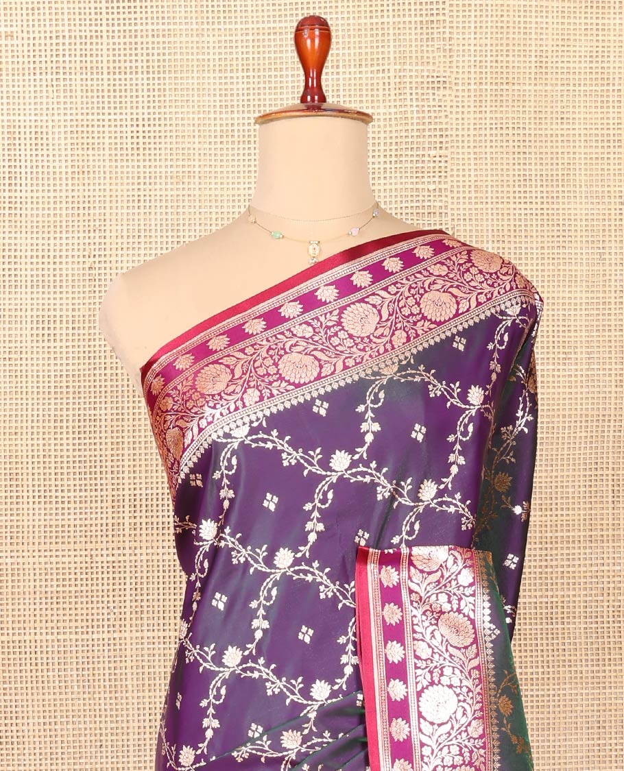 Eggplant Purple Semi-Banaras Saree, Finely Crafted with Jaal Jacquard on Its Body, Complemented by a Contrast Floral Creeper Design Border, Intricately Designed Pallu, and Paired with a Contrast Blouse