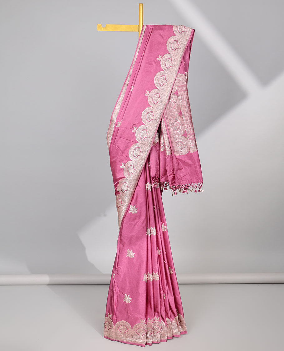 Pink motifs satin silk saree with self floral motifs border & intricate zari design pallu