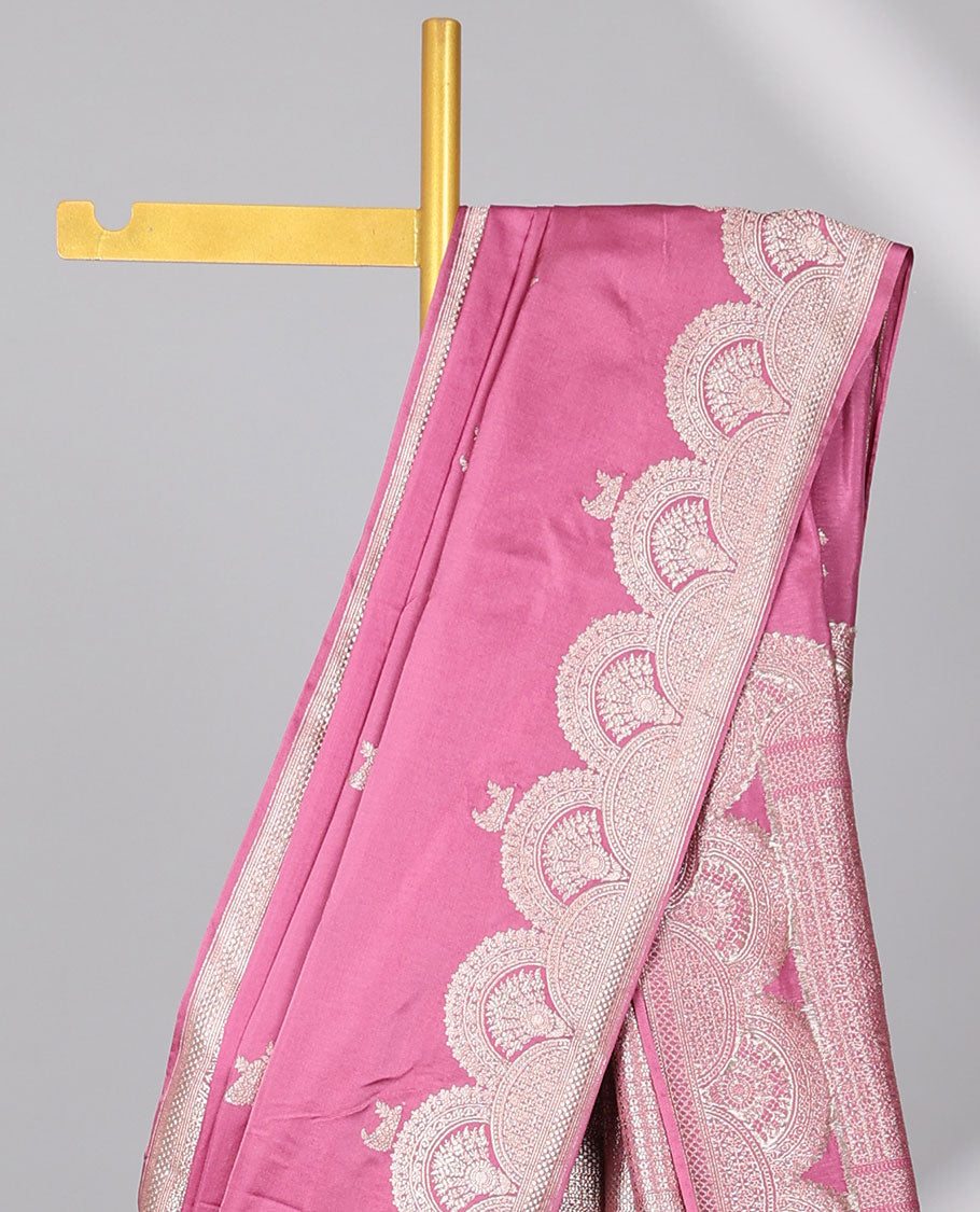 Pink motifs satin silk saree with self floral motifs border & intricate zari design pallu