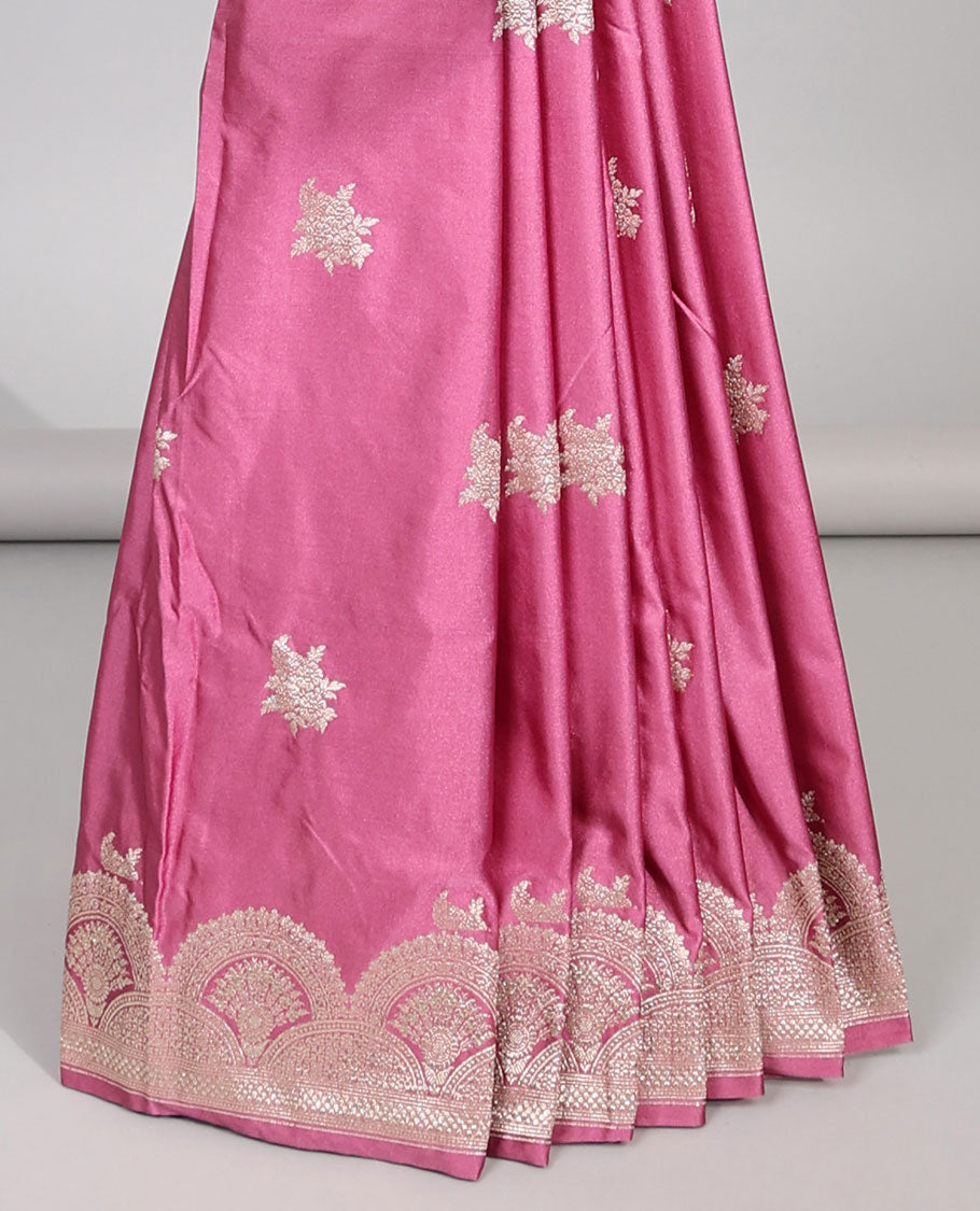 Pink motifs satin silk saree with self floral motifs border & intricate zari design pallu