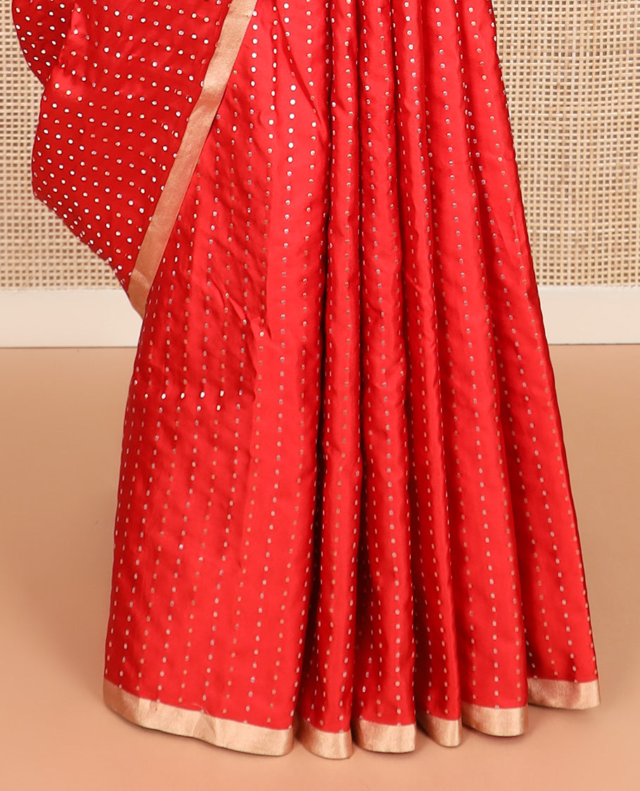 Dazzling red dobbly style dotted banarasi silk saree, piping zari border, and chevron striped pallu