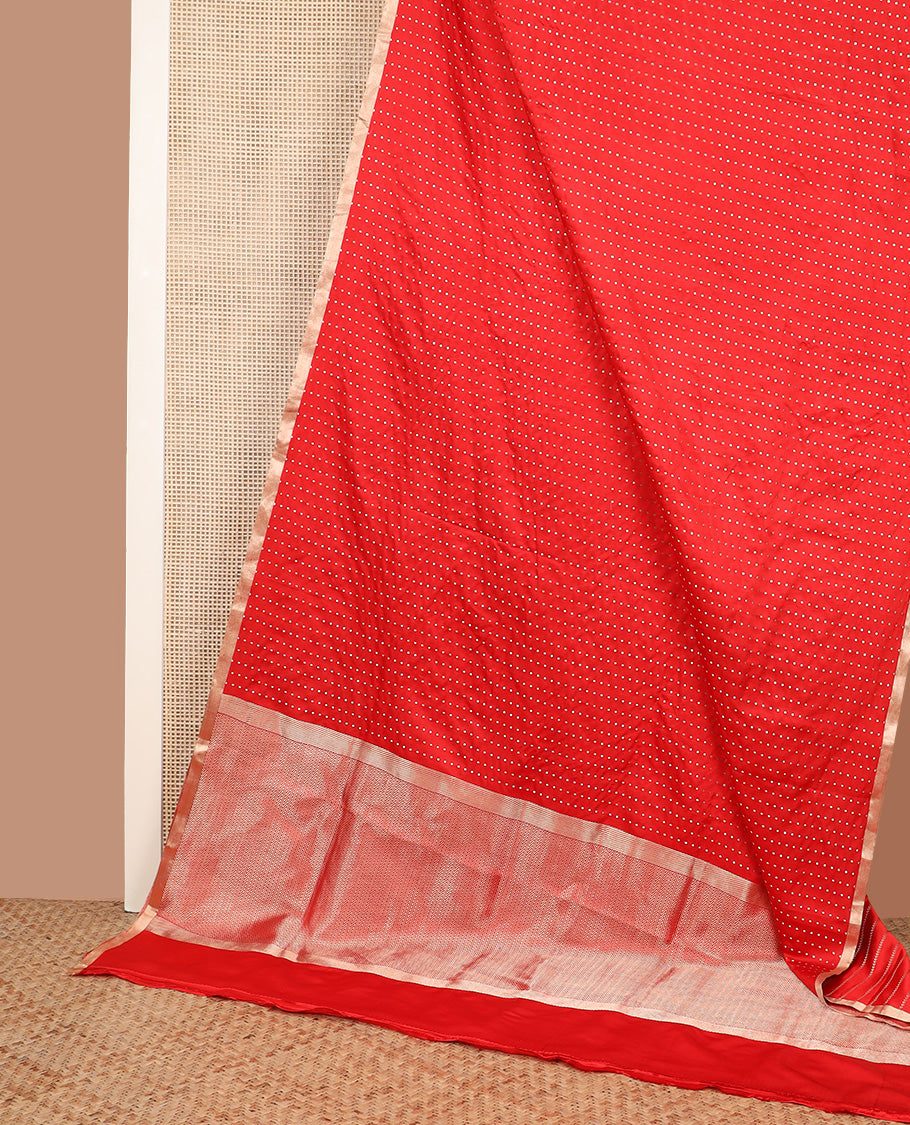 Dazzling red dobbly style dotted banarasi silk saree, piping zari border, and chevron striped pallu
