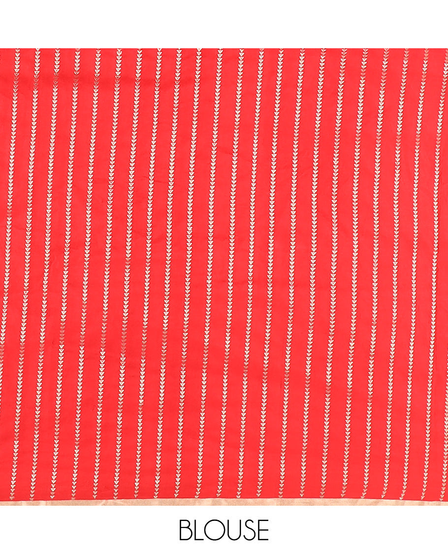 Dazzling red dobbly style dotted banarasi silk saree, piping zari border, and chevron striped pallu