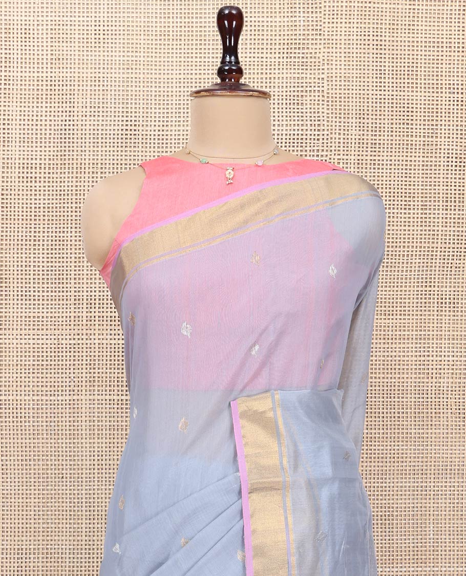 Grey Chanderi Cotton Saree, Decorated with Zari Buttas All Over Its Body, Highlighted by a Zari Border, Pallu of Zari Stripes and Floral Buttas, and Paired with a Matching Blouse