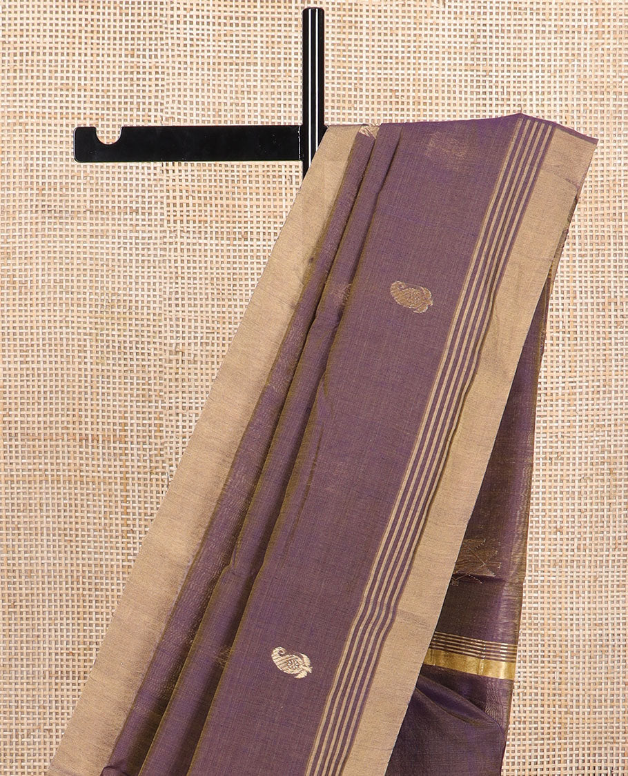 Violet floral, animal motifs chanderi cotton saree with self zari border & geometric design pallu