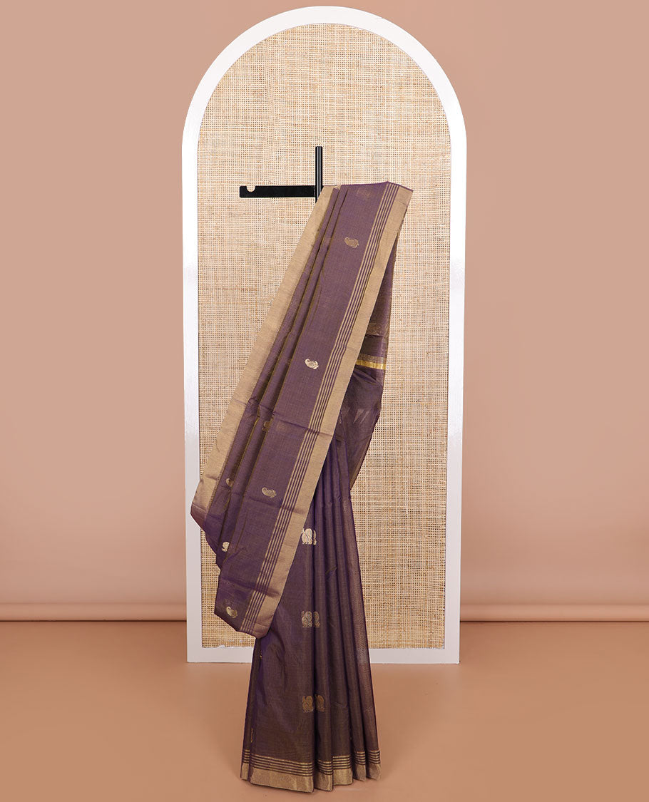 Violet floral, animal motifs chanderi cotton saree with self zari border & geometric design pallu