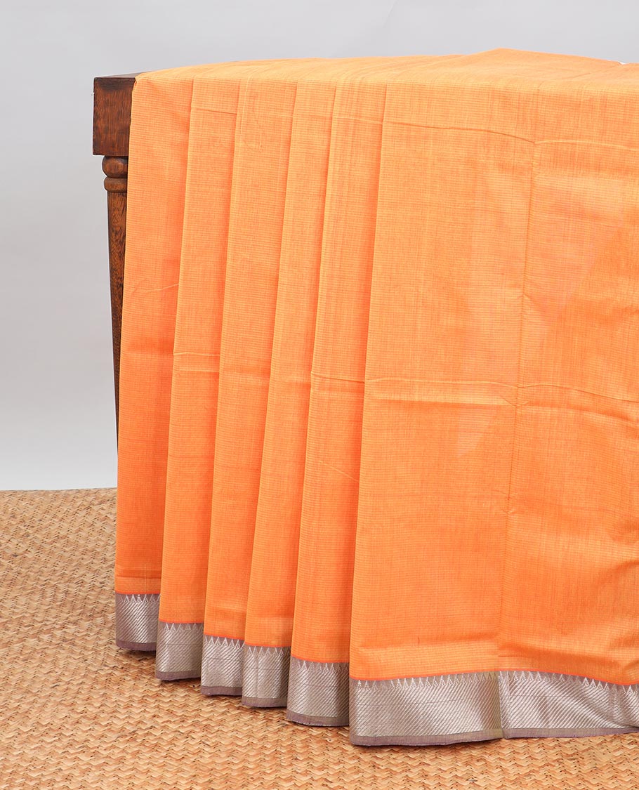 Orange mangalagiri cotton saree with contrast striped, temple border & striped pallu