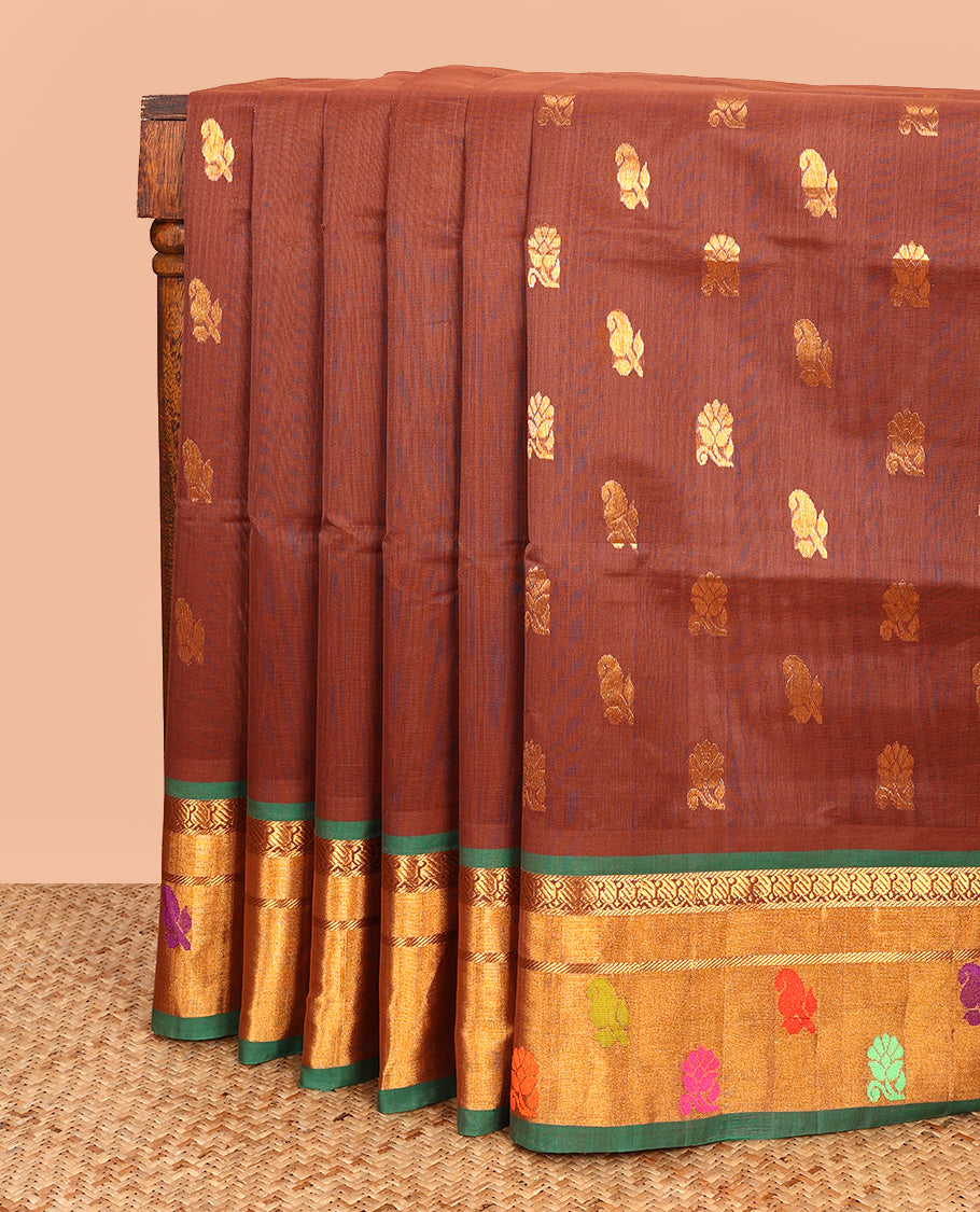 Brown Venkatagiri Cotton Saree, Decked Up with Zari Buttas on Its Body, Complemented by a Contrast Border of Zari and Thread Designs, Gleaming Pallu, and Comes Without a Blouse