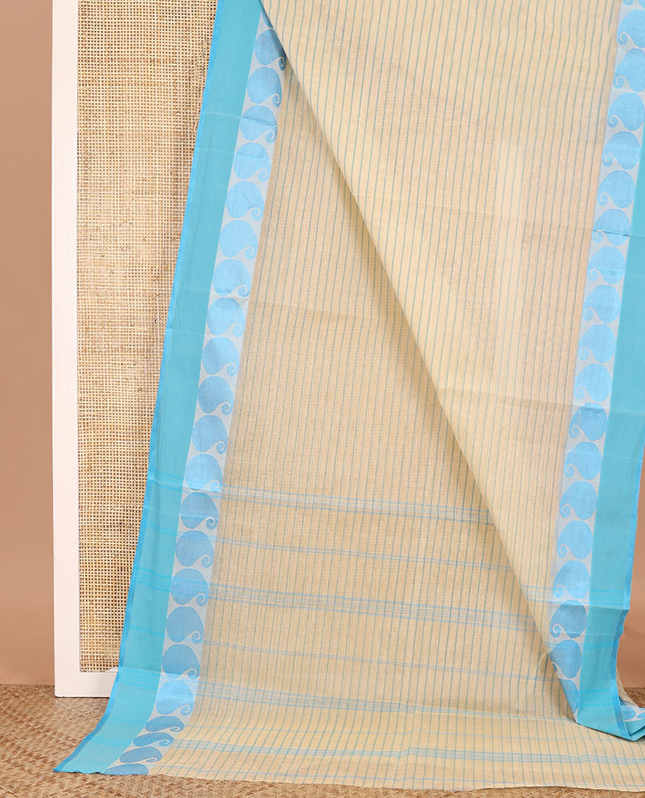 Sandal plain Bengal cotton saree, contrast paisley border, and striped pallu