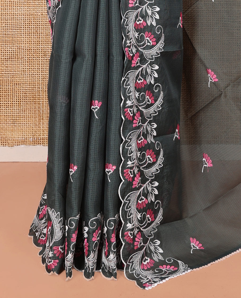 Green Kota Cotton Saree, Finely Crafted with Floral Motifs Thread Embroidery on Its Body, Scallop Lace Embroidered Border, Pallu Features Same Embroidery, and Paired with a Matching Blouse