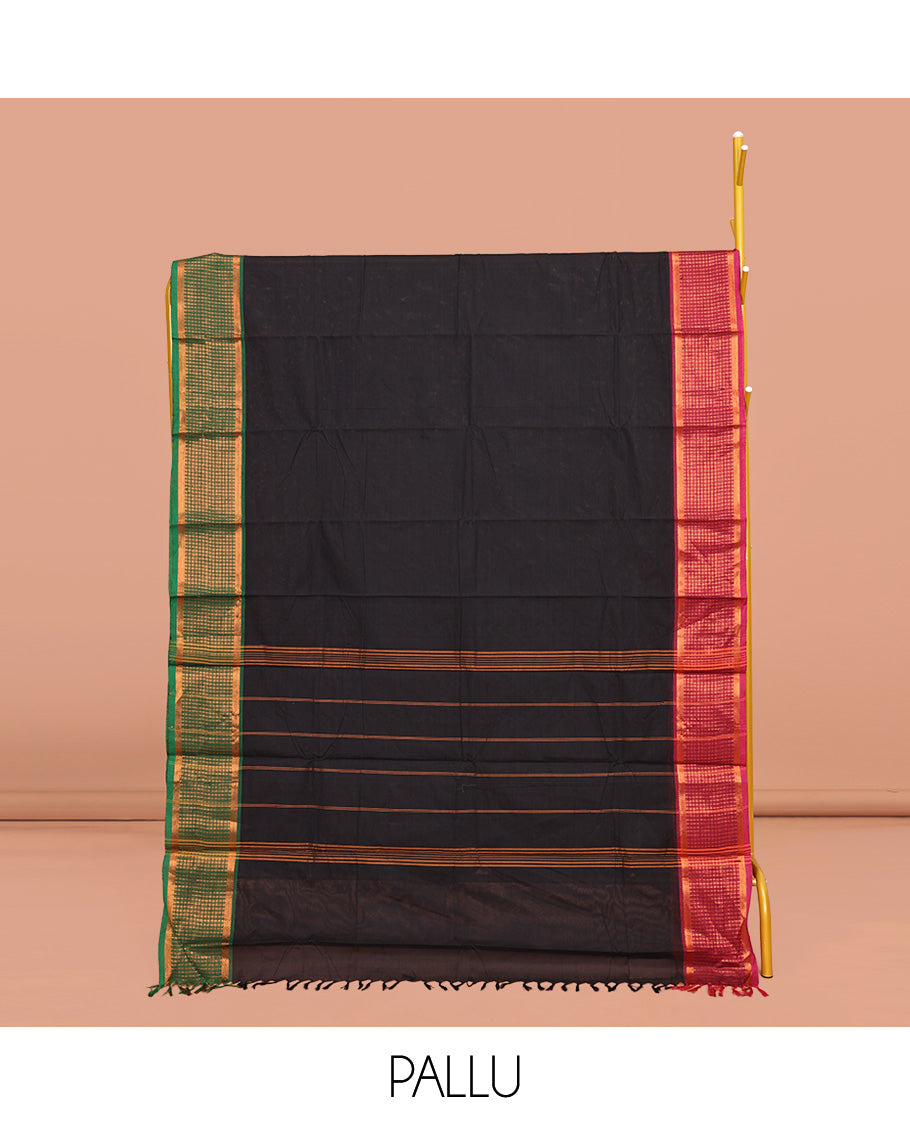 Black Plain Chettinad Cotton Saree, Complemented by Contrast Traditional Zari Design Ganga-Jamuna Border, Pallu of Stripes, and Paired with a Matching Blouse