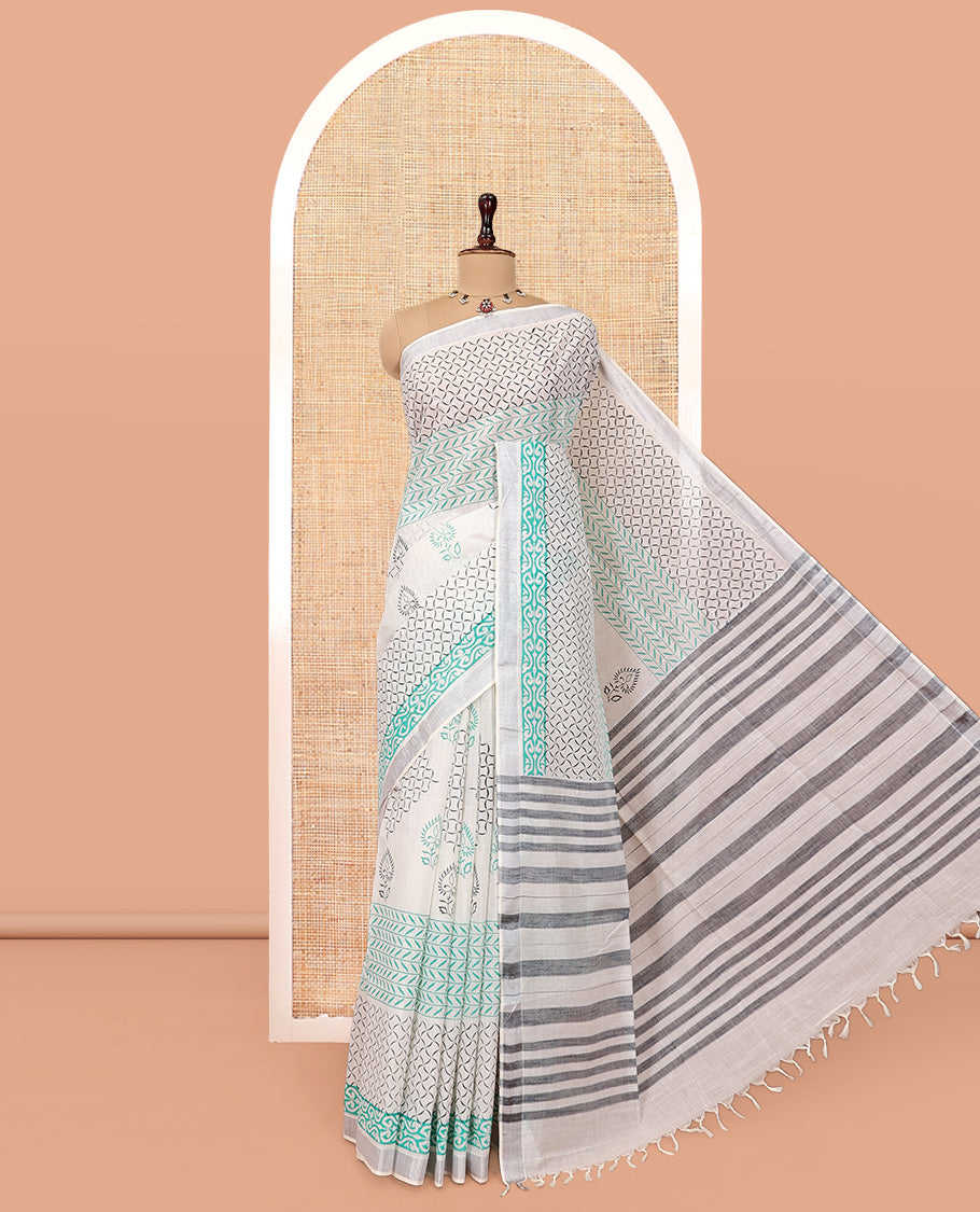 Off-White Jute Cotton Saree, Elevated with a Geometric Print, a Bavanji Border, Striped Pallu, and a Contrast Blouse