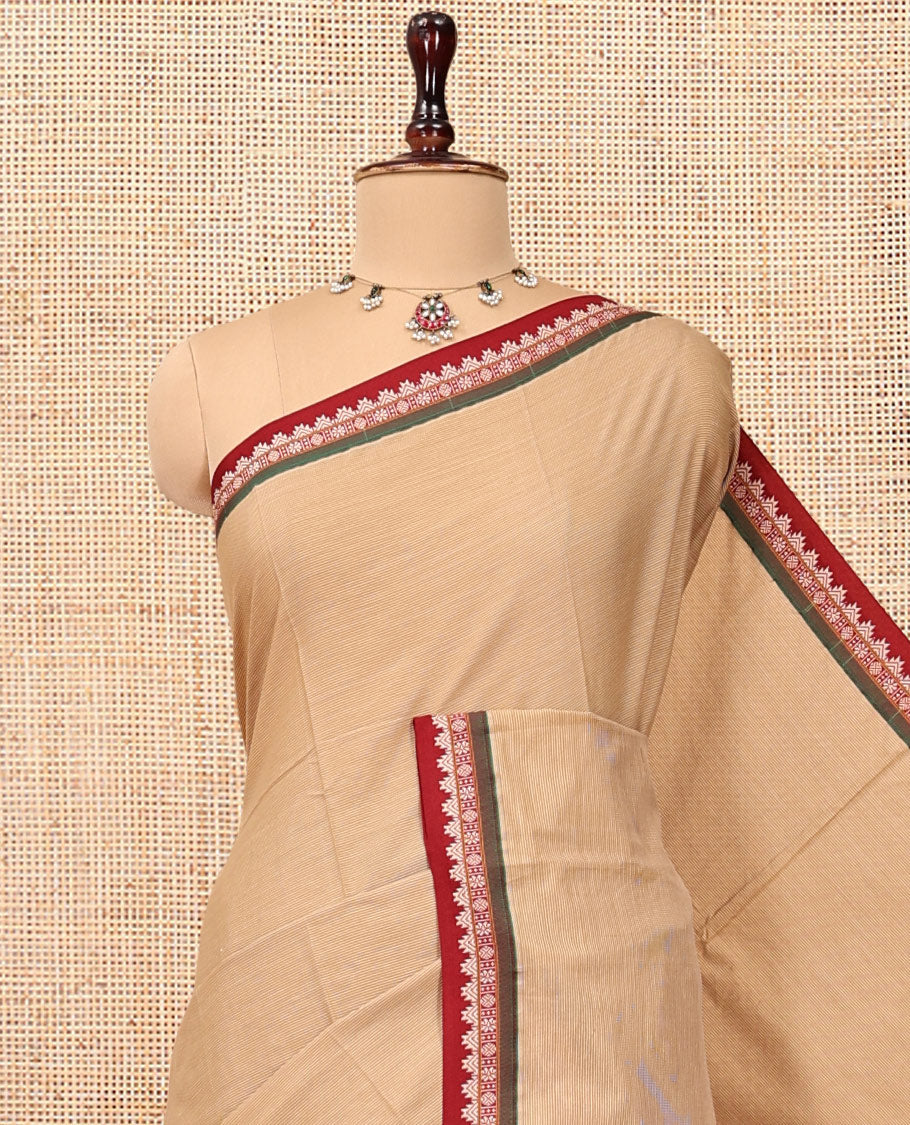 Sandal Plain Narayanpet Cotton Saree, Complemented by a Contrast Traditional Thread Border, Striped Pallu, and a Matching Blouse