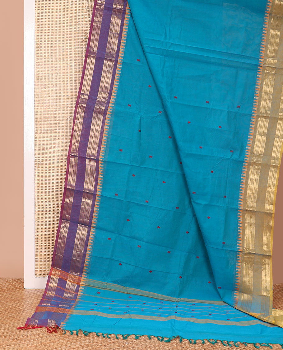 Blue buttas Chettinad cotton saree, contrast ganga jamuna rettai pettu traditional zari border, and pallu of stripes, and buttas