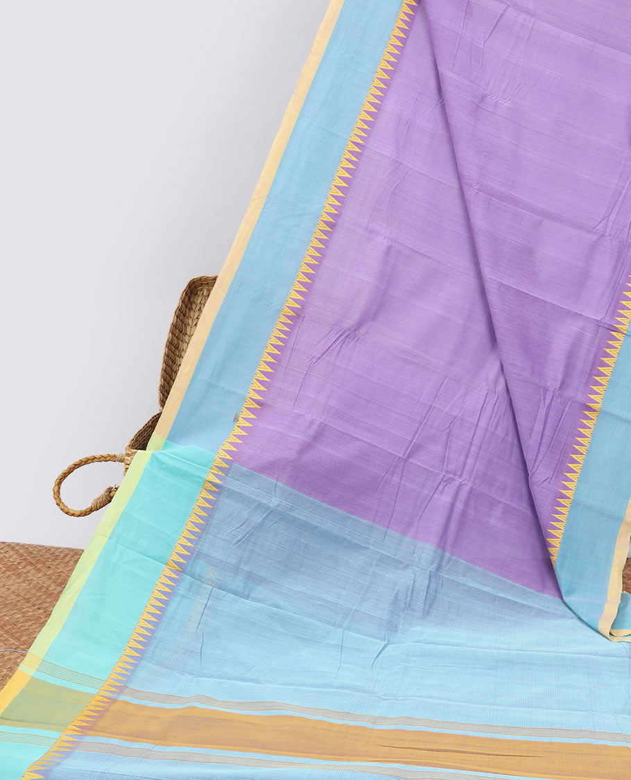 Purple khadi cotton saree with contrast temple border & striped pallu