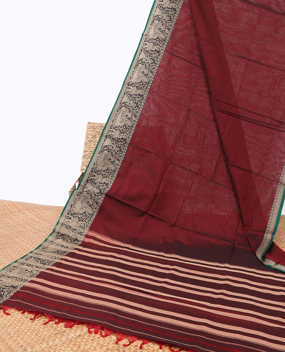 Maroon narayanapet cotton saree with contrast wedding zari design border & striped pallu