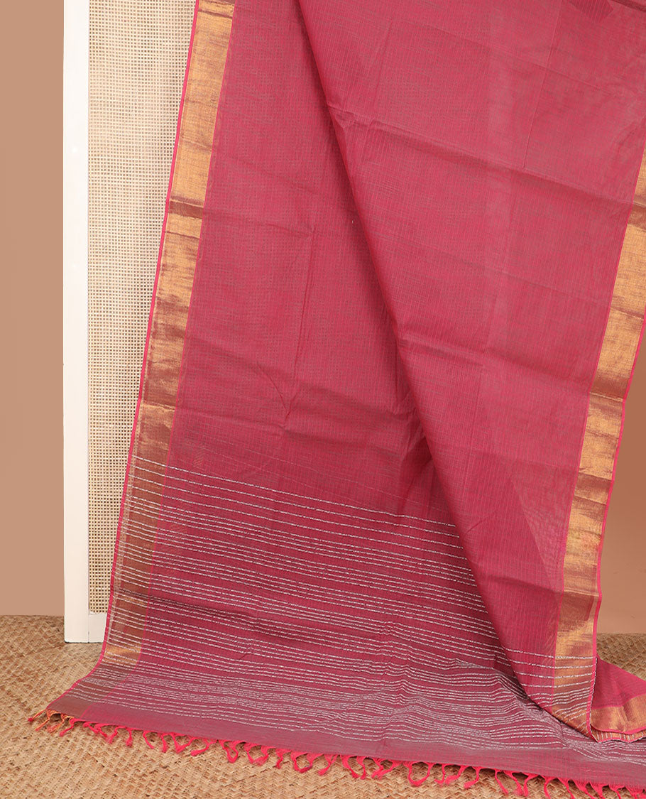 Pale pink plain jute cotton saree, zari border, and striped pallu