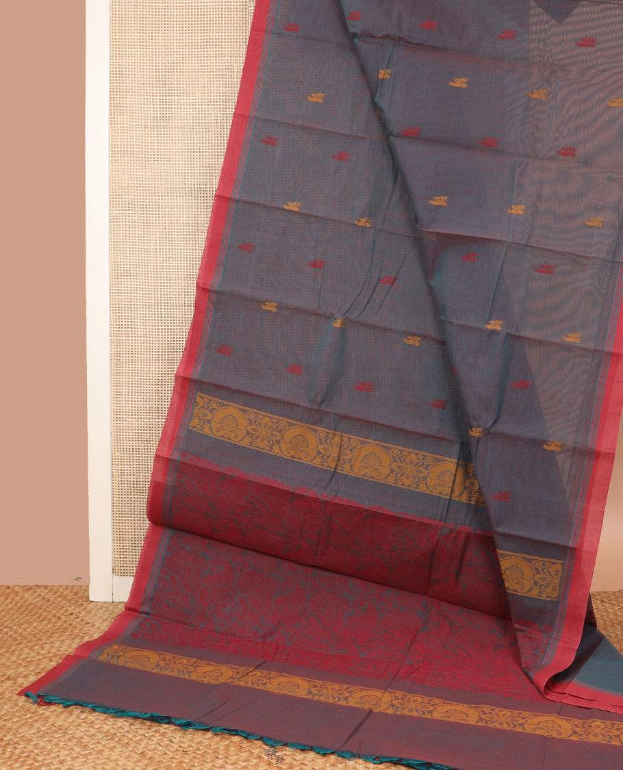 Grey buttas woven Kanchi cotton saree, contrast plain border, and pallu of floral-paisley designs