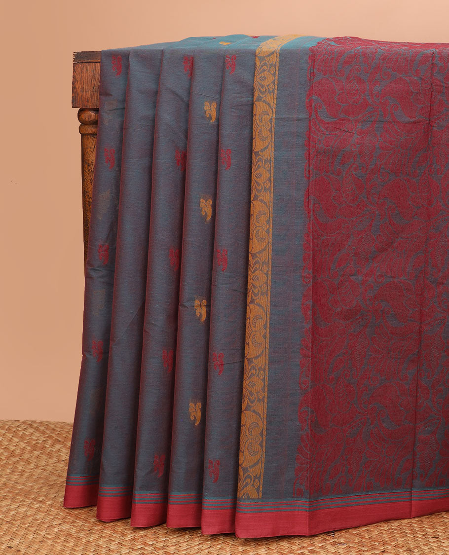 Grey buttas woven Kanchi cotton saree, contrast plain border, and pallu of floral-paisley designs