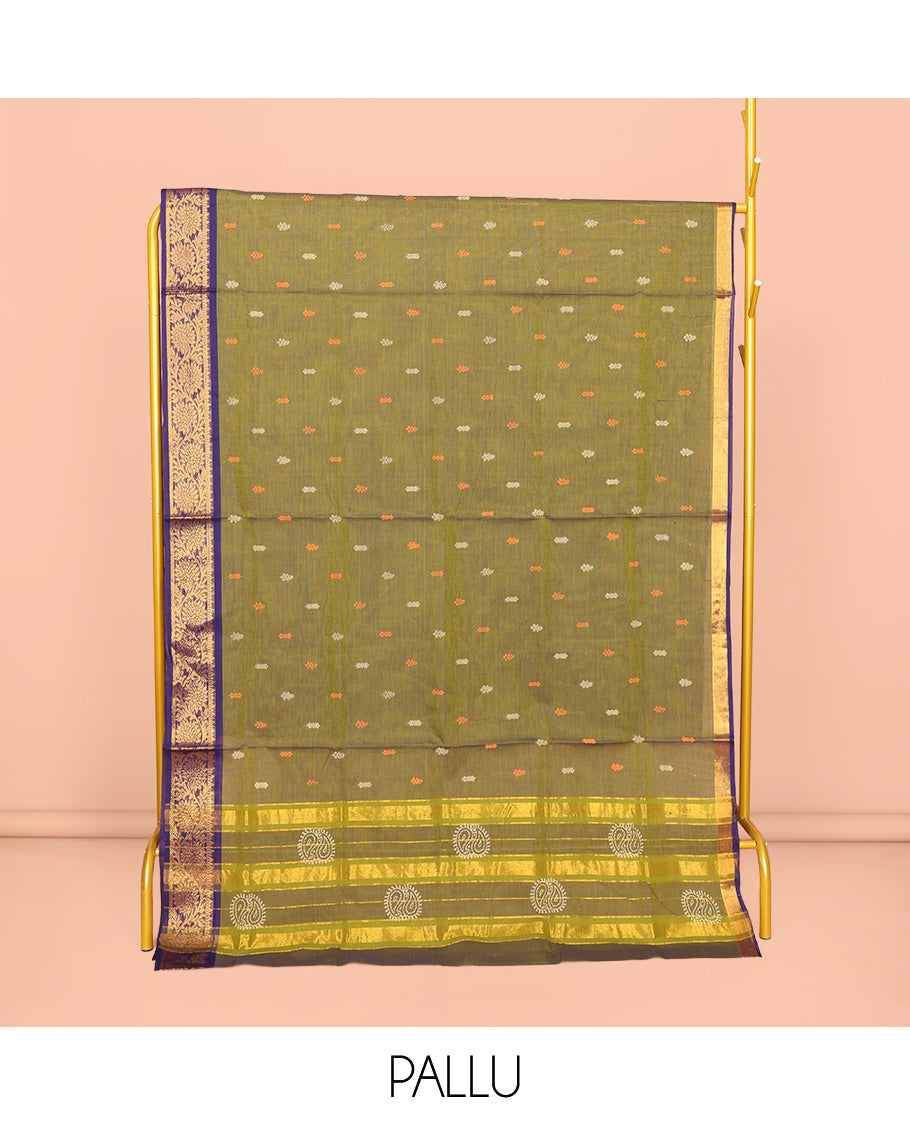 Green Venkatagiri Cotton Saree, Woven with Thread Buttas, a Contrast Floral Creeper Zari Border, Pallu of Buttas and Stripes, and No Blouse