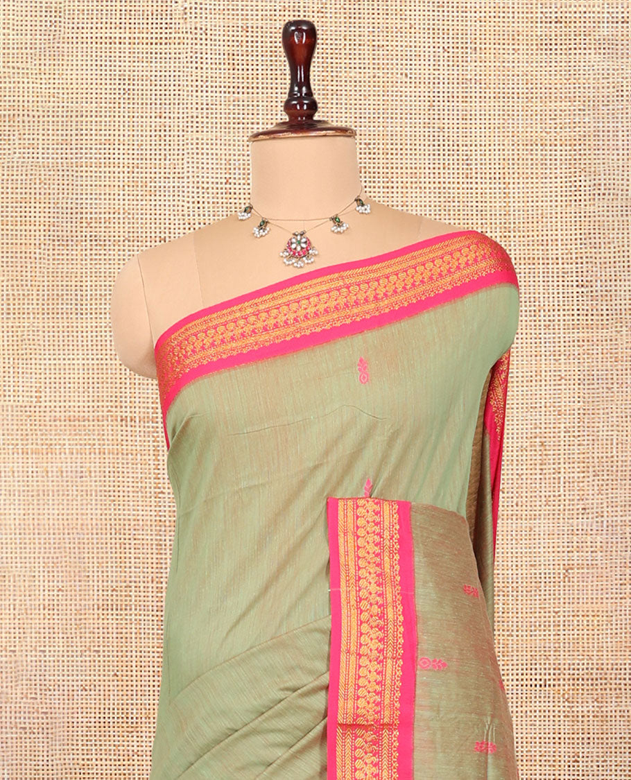 Green Kalyani Cotton Saree, Woven with Thread Buttas, Complemented by a Contrast Traditional Border, Traditional Pallu, and a Contrast Blouse