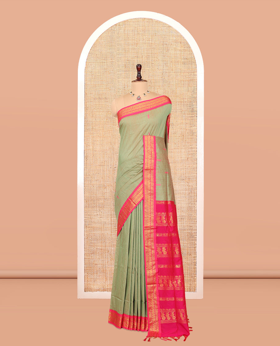 Green Kalyani Cotton Saree, Woven with Thread Buttas, Complemented by a Contrast Traditional Border, Traditional Pallu, and a Contrast Blouse