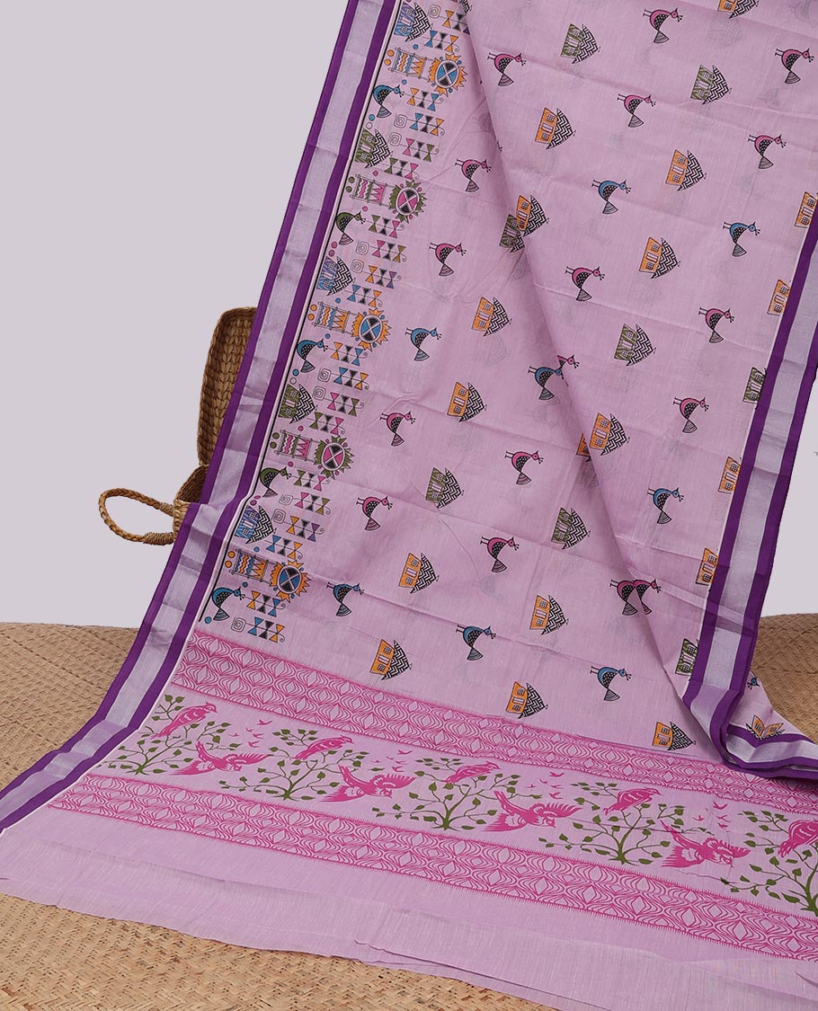 Lavender ancient style design chirla cottton saree with contrast border & intricate design pallu