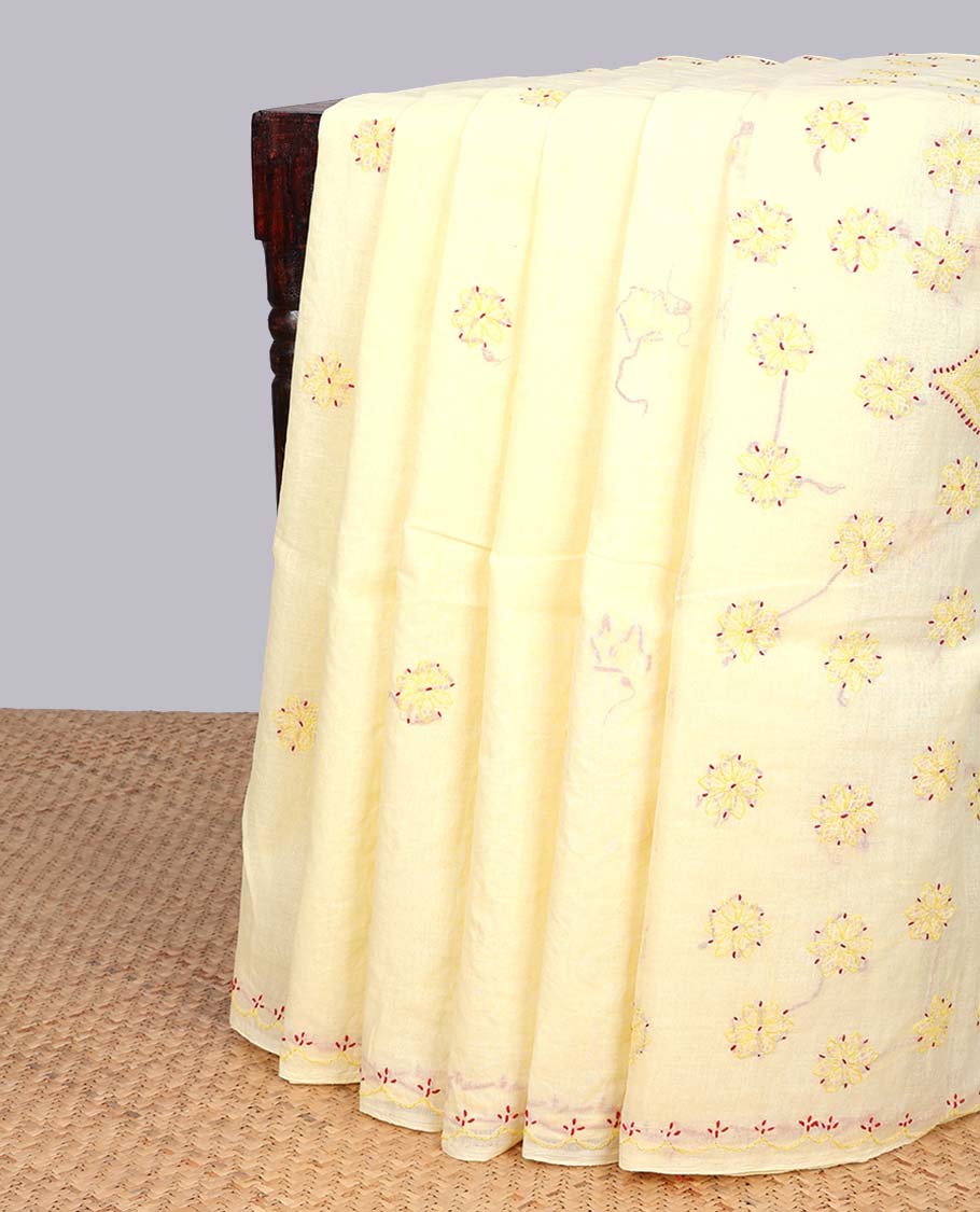 Yellow floral embroidery lucknowi chikankari cotton saree,self-border & pallu of floral & paisley embroidery