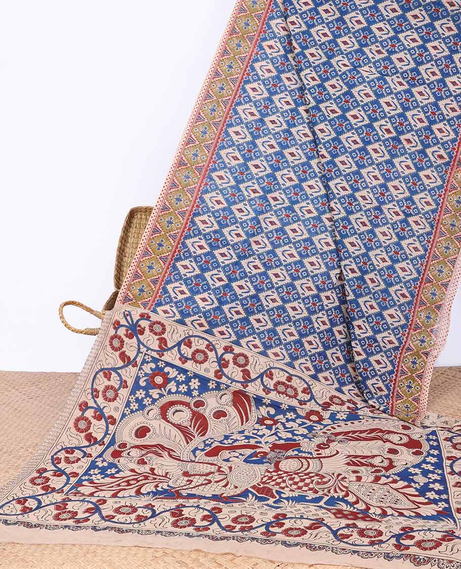 Blue and Cream checked design machine-printed kalamkari saree with contrast geometric border & peacock design pallu