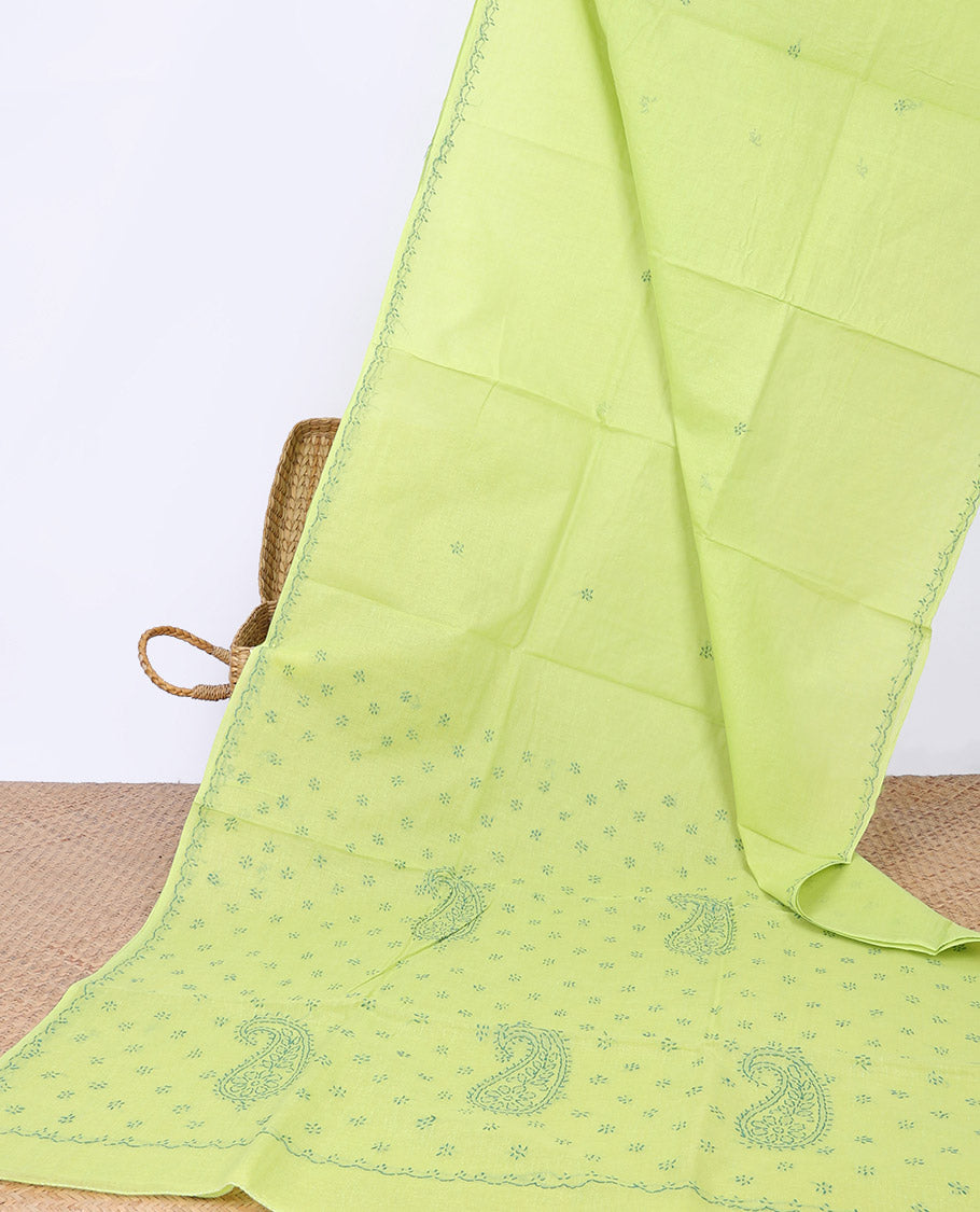 Green floral embroidery lucknowi chikankari cotton saree,self-border & pallu of floral & paisley embroidery