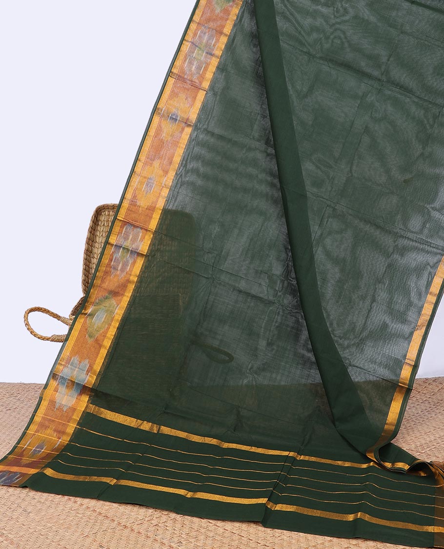 Green venkatagiri cotton saree with self floral design border & striped pallu