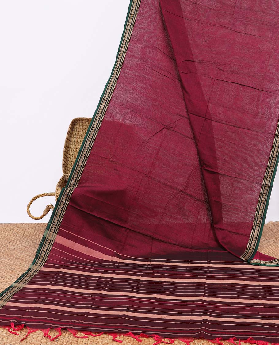 Red narayanapet cotton saree with self zari border & pallu of stripes